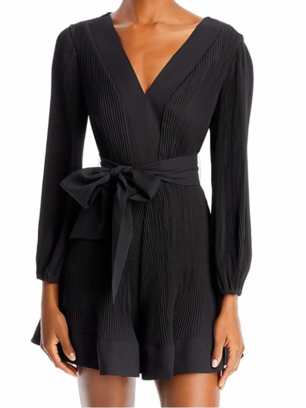 Milly Black V-Neck Pleated Long-Sleeve Dress with Waist Tie